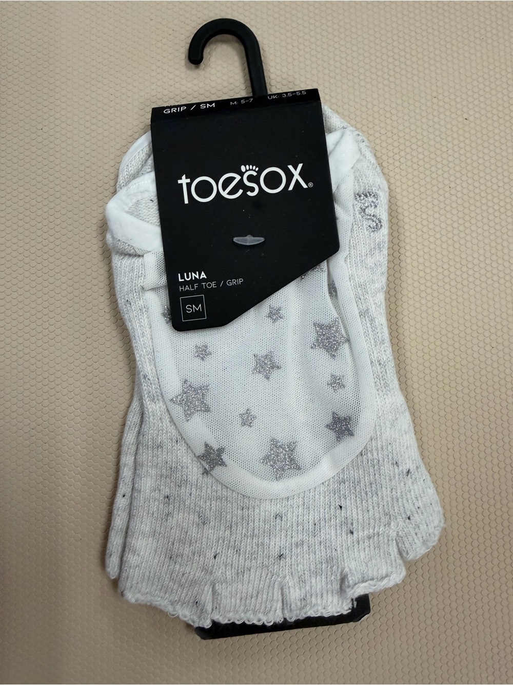 Toesox Luna Half Toe Grip Socks in White with Silver Stars